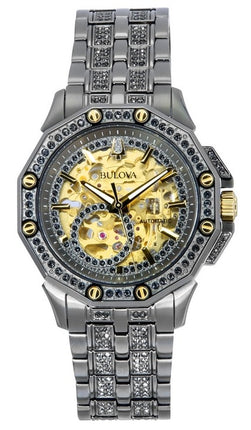 Bulova Octava Crystal Accents Stainless Steel Skeleton Gold Dial Automatic 98A293 Men's Watch