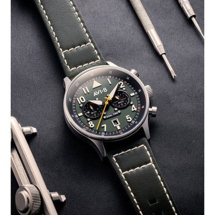 AVI-8 Hawker Hurricane Carey Dual Time Merville Green Dial Quartz AV-4088-02 Mens Watch