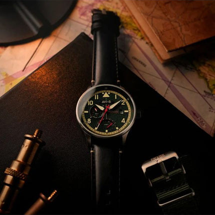 AVI-8 Hawker Hurricane Mckellar Dual Time Gothic Green Dial Quartz AV-4101-0A Mens Watch With Extra Strap