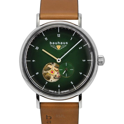 Bauhaus Classic Leather Strap Dark Green Open Heart Dial Automatic 21664 Men's Watch