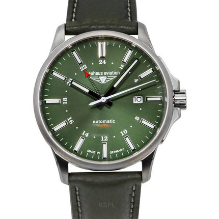 Bauhaus Aviation GMT Green Leather Strap Dark Green Dial Automatic 28684 100M Men's Watch