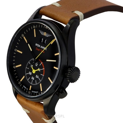 Iron Annie Flight Control Dual Time Leather Strap Black Dial Quartz 51442 Mens Watch