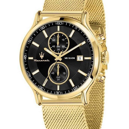 Maserati Epoca Chronograph Gold Tone Stainless Steel Mesh Black Dial Quartz R8873618014 100M Men's Watch