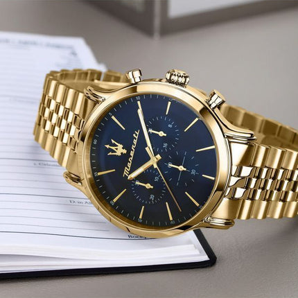 Maserati Epoca Limited Edition Chronograph Gold Tone Stainless Blue Dial Quartz R8873618031 100M Men's Watch