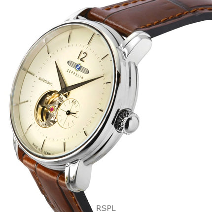 Zeppelin LZ-120 Bodensee Leather Strap Beige Open Heart Dial Automatic 81661 Men's Watch