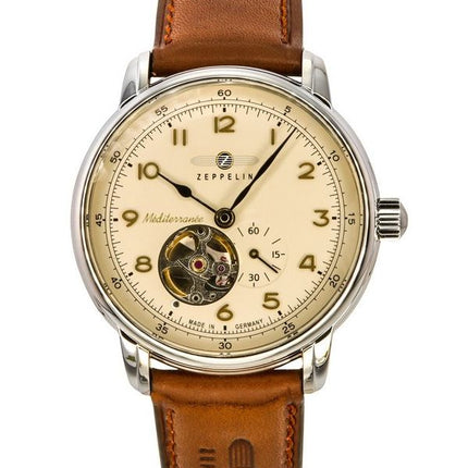 Zeppelin Mediterranee Leather Strap Open Heart Beige Dial Automatic 96665 Men's Watch