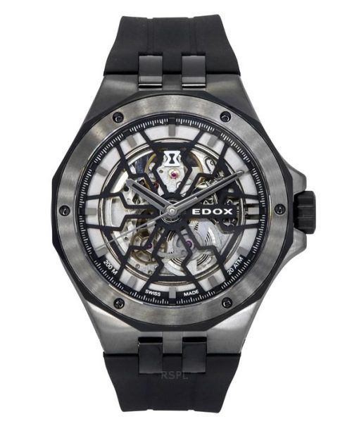 Edox Delfin The Original Mecano Rubber Strap Skeleton Black Dial Automatic Divers 85303 357GN NGN 200M Mens Watch