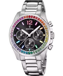 Festina Rainbow Chronograph Crystal Accents Stainless Steel Black Dial Quartz F20606-3 100M Women's Watch