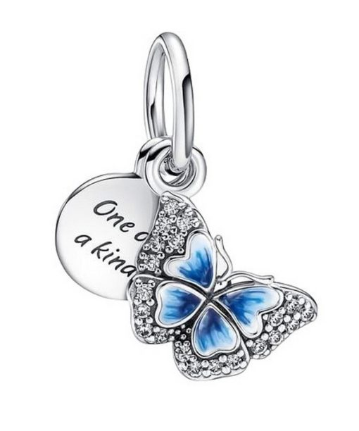 Pandora Blue Butterfly And Quote Double Dangle Charm 790757C01 For Women